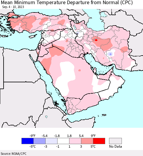 Middle East and Turkey Mean Minimum Temperature Departure from Normal (CPC) Thematic Map For 9/4/2023 - 9/10/2023