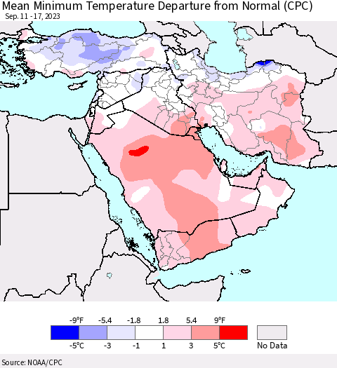 Middle East and Turkey Mean Minimum Temperature Departure from Normal (CPC) Thematic Map For 9/11/2023 - 9/17/2023