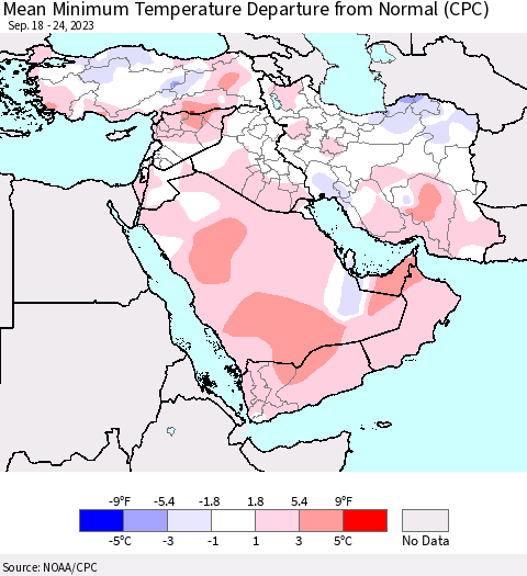 Middle East and Turkey Mean Minimum Temperature Departure from Normal (CPC) Thematic Map For 9/18/2023 - 9/24/2023