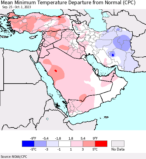 Middle East and Turkey Mean Minimum Temperature Departure from Normal (CPC) Thematic Map For 9/25/2023 - 10/1/2023