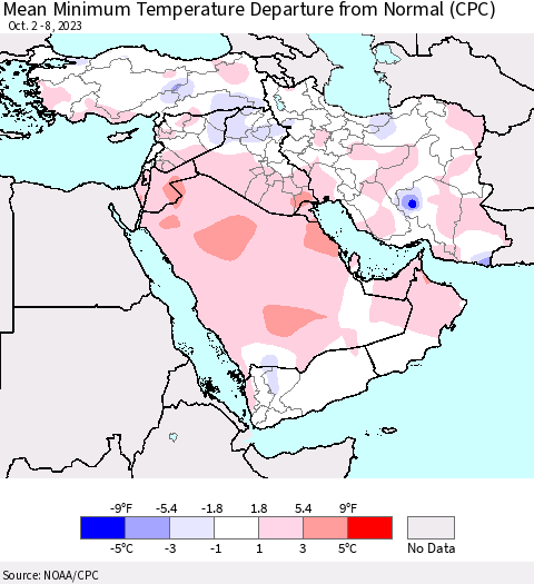 Middle East and Turkey Mean Minimum Temperature Departure from Normal (CPC) Thematic Map For 10/2/2023 - 10/8/2023