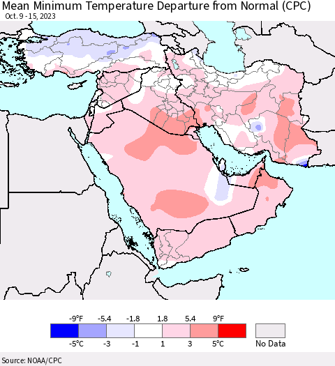 Middle East and Turkey Mean Minimum Temperature Departure from Normal (CPC) Thematic Map For 10/9/2023 - 10/15/2023