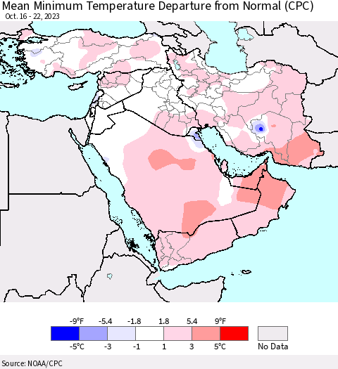 Middle East and Turkey Mean Minimum Temperature Departure from Normal (CPC) Thematic Map For 10/16/2023 - 10/22/2023