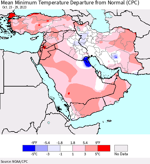 Middle East and Turkey Mean Minimum Temperature Departure from Normal (CPC) Thematic Map For 10/23/2023 - 10/29/2023