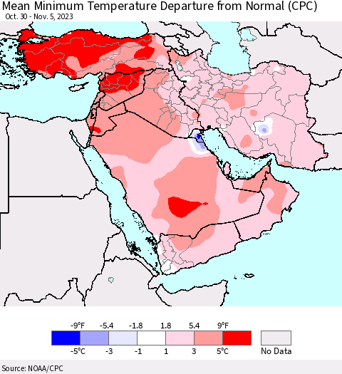 Middle East and Turkey Mean Minimum Temperature Departure from Normal (CPC) Thematic Map For 10/30/2023 - 11/5/2023