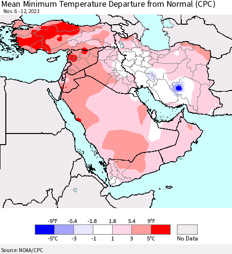 Middle East and Turkey Mean Minimum Temperature Departure from Normal (CPC) Thematic Map For 11/6/2023 - 11/12/2023