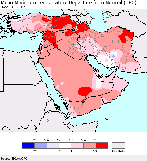 Middle East and Turkey Mean Minimum Temperature Departure from Normal (CPC) Thematic Map For 11/13/2023 - 11/19/2023