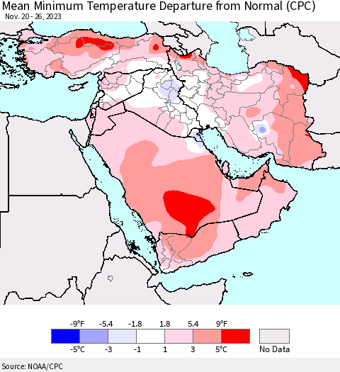 Middle East and Turkey Mean Minimum Temperature Departure from Normal (CPC) Thematic Map For 11/20/2023 - 11/26/2023