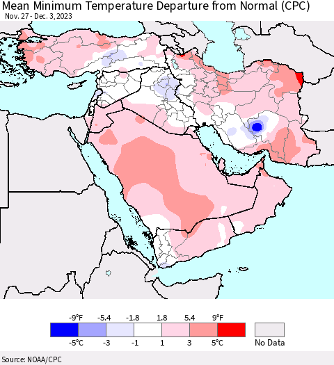 Middle East and Turkey Mean Minimum Temperature Departure from Normal (CPC) Thematic Map For 11/27/2023 - 12/3/2023