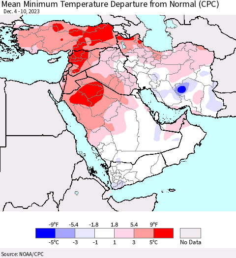Middle East and Turkey Mean Minimum Temperature Departure from Normal (CPC) Thematic Map For 12/4/2023 - 12/10/2023