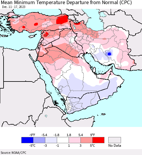 Middle East and Turkey Mean Minimum Temperature Departure from Normal (CPC) Thematic Map For 12/11/2023 - 12/17/2023