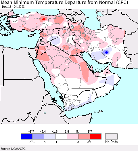 Middle East and Turkey Mean Minimum Temperature Departure from Normal (CPC) Thematic Map For 12/18/2023 - 12/24/2023