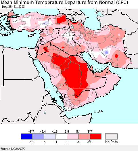 Middle East and Turkey Mean Minimum Temperature Departure from Normal (CPC) Thematic Map For 12/25/2023 - 12/31/2023