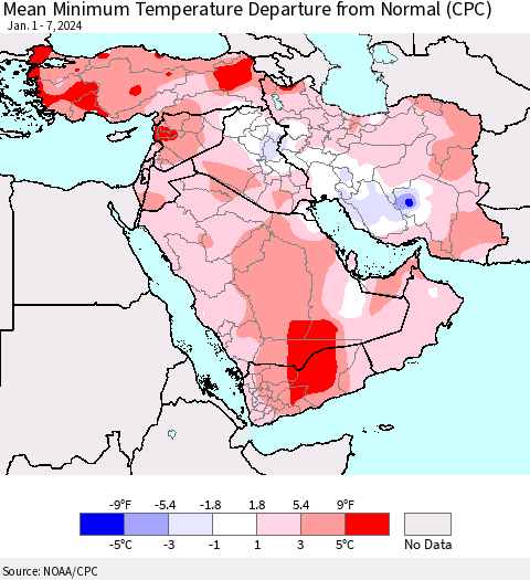 Middle East and Turkey Mean Minimum Temperature Departure from Normal (CPC) Thematic Map For 1/1/2024 - 1/7/2024