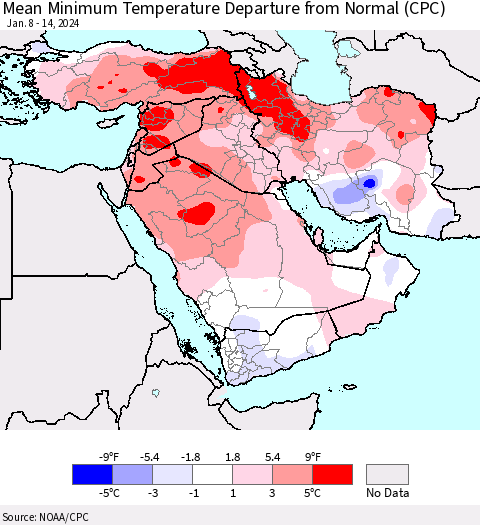 Middle East and Turkey Mean Minimum Temperature Departure from Normal (CPC) Thematic Map For 1/8/2024 - 1/14/2024