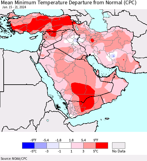 Middle East and Turkey Mean Minimum Temperature Departure from Normal (CPC) Thematic Map For 1/15/2024 - 1/21/2024