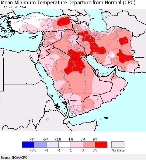 Middle East and Turkey Mean Minimum Temperature Departure from Normal (CPC) Thematic Map For 1/22/2024 - 1/28/2024