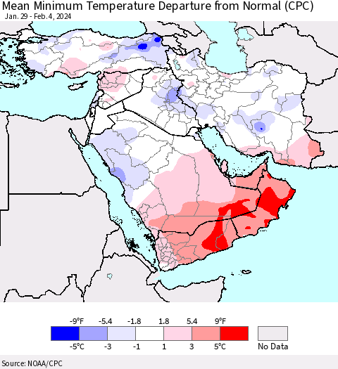 Middle East and Turkey Mean Minimum Temperature Departure from Normal (CPC) Thematic Map For 1/29/2024 - 2/4/2024