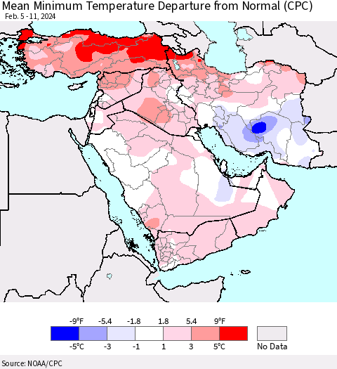 Middle East and Turkey Mean Minimum Temperature Departure from Normal (CPC) Thematic Map For 2/5/2024 - 2/11/2024