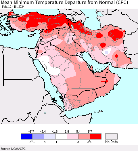 Middle East and Turkey Mean Minimum Temperature Departure from Normal (CPC) Thematic Map For 2/12/2024 - 2/18/2024