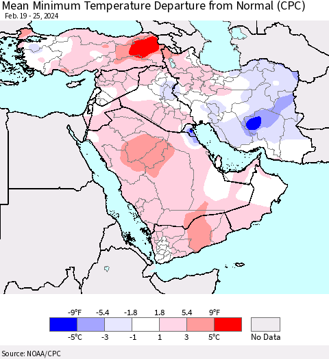 Middle East and Turkey Mean Minimum Temperature Departure from Normal (CPC) Thematic Map For 2/19/2024 - 2/25/2024