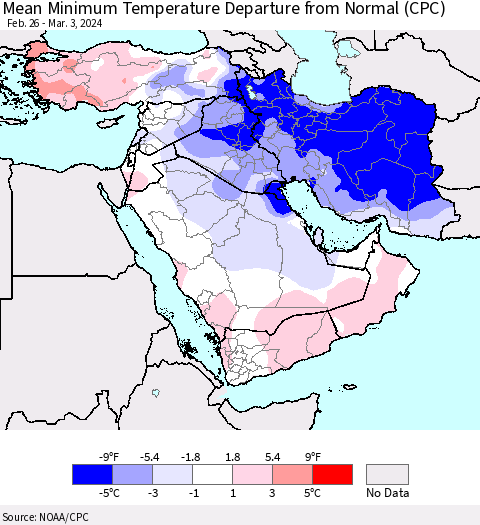 Middle East and Turkey Mean Minimum Temperature Departure from Normal (CPC) Thematic Map For 2/26/2024 - 3/3/2024