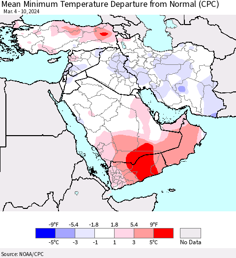 Middle East and Turkey Mean Minimum Temperature Departure from Normal (CPC) Thematic Map For 3/4/2024 - 3/10/2024