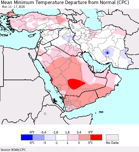 Middle East and Turkey Mean Minimum Temperature Departure from Normal (CPC) Thematic Map For 3/11/2024 - 3/17/2024