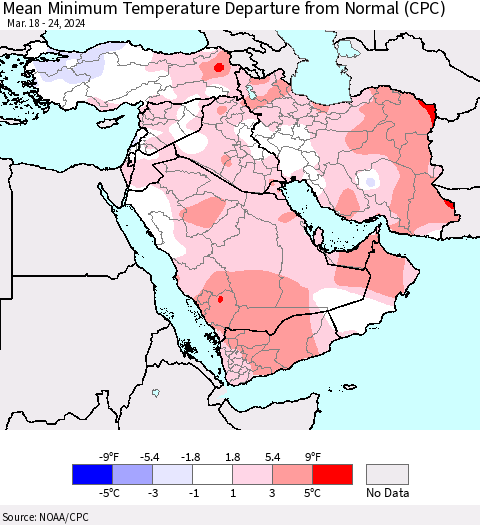 Middle East and Turkey Mean Minimum Temperature Departure from Normal (CPC) Thematic Map For 3/18/2024 - 3/24/2024
