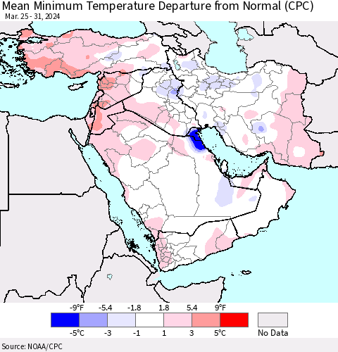 Middle East and Turkey Mean Minimum Temperature Departure from Normal (CPC) Thematic Map For 3/25/2024 - 3/31/2024
