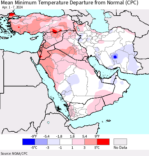 Middle East and Turkey Mean Minimum Temperature Departure from Normal (CPC) Thematic Map For 4/1/2024 - 4/7/2024