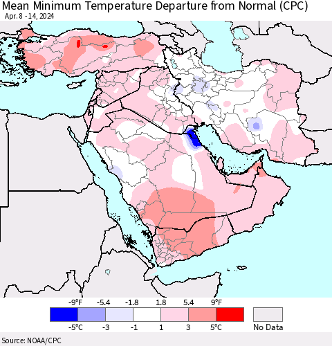 Middle East and Turkey Mean Minimum Temperature Departure from Normal (CPC) Thematic Map For 4/8/2024 - 4/14/2024