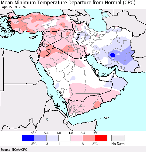 Middle East and Turkey Mean Minimum Temperature Departure from Normal (CPC) Thematic Map For 4/15/2024 - 4/21/2024