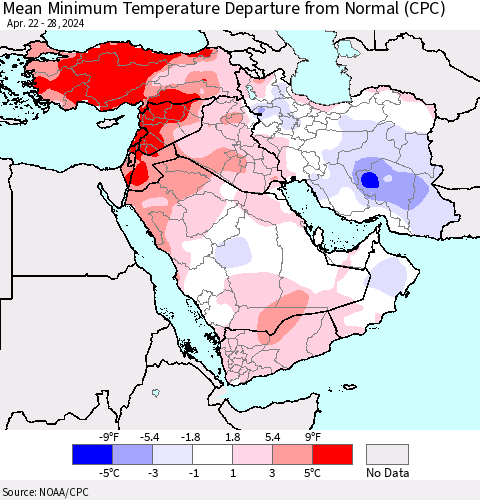 Middle East and Turkey Mean Minimum Temperature Departure from Normal (CPC) Thematic Map For 4/22/2024 - 4/28/2024