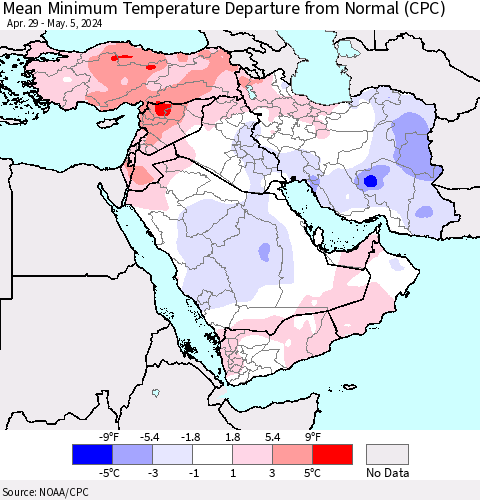 Middle East and Turkey Mean Minimum Temperature Departure from Normal (CPC) Thematic Map For 4/29/2024 - 5/5/2024