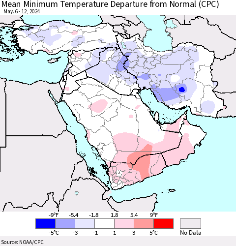 Middle East and Turkey Mean Minimum Temperature Departure from Normal (CPC) Thematic Map For 5/6/2024 - 5/12/2024