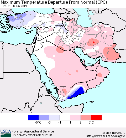 Middle East and Turkey Mean Maximum Temperature Departure from Normal (CPC) Thematic Map For 12/31/2018 - 1/6/2019