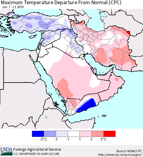 Middle East and Turkey Mean Maximum Temperature Departure from Normal (CPC) Thematic Map For 1/7/2019 - 1/13/2019