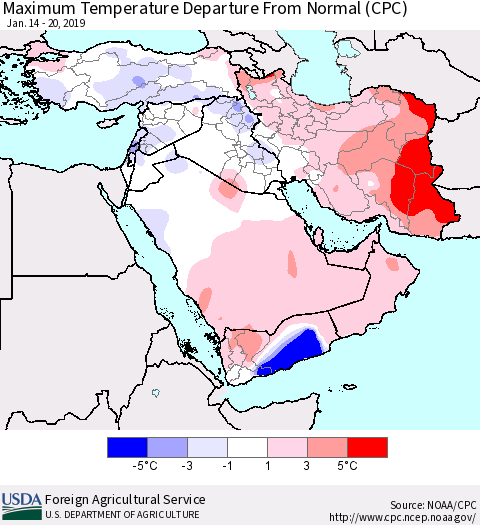 Middle East and Turkey Mean Maximum Temperature Departure from Normal (CPC) Thematic Map For 1/14/2019 - 1/20/2019