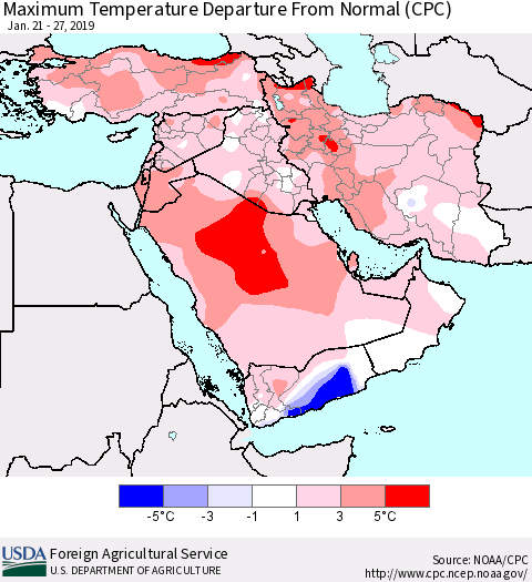 Middle East and Turkey Mean Maximum Temperature Departure from Normal (CPC) Thematic Map For 1/21/2019 - 1/27/2019