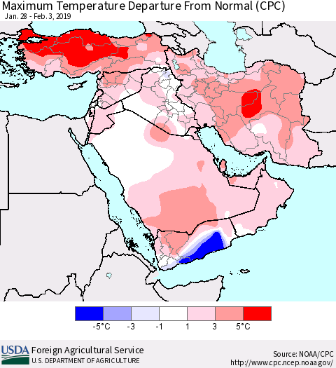 Middle East and Turkey Mean Maximum Temperature Departure from Normal (CPC) Thematic Map For 1/28/2019 - 2/3/2019