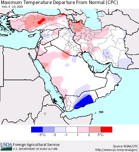 Middle East and Turkey Mean Maximum Temperature Departure from Normal (CPC) Thematic Map For 2/4/2019 - 2/10/2019