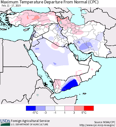 Middle East and Turkey Mean Maximum Temperature Departure from Normal (CPC) Thematic Map For 2/11/2019 - 2/17/2019