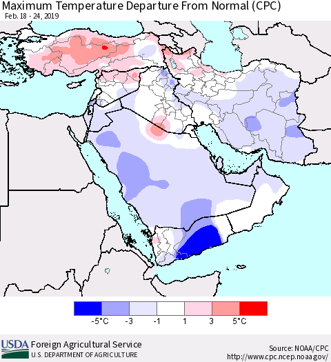 Middle East and Turkey Mean Maximum Temperature Departure from Normal (CPC) Thematic Map For 2/18/2019 - 2/24/2019