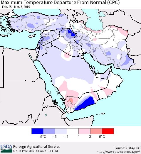 Middle East and Turkey Mean Maximum Temperature Departure from Normal (CPC) Thematic Map For 2/25/2019 - 3/3/2019