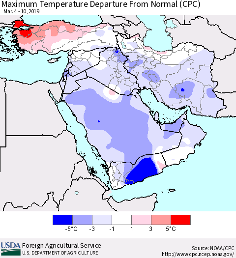 Middle East and Turkey Mean Maximum Temperature Departure from Normal (CPC) Thematic Map For 3/4/2019 - 3/10/2019