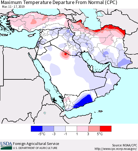 Middle East and Turkey Mean Maximum Temperature Departure from Normal (CPC) Thematic Map For 3/11/2019 - 3/17/2019