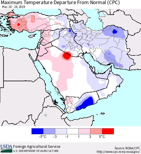 Middle East and Turkey Mean Maximum Temperature Departure from Normal (CPC) Thematic Map For 3/18/2019 - 3/24/2019