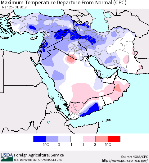 Middle East and Turkey Mean Maximum Temperature Departure from Normal (CPC) Thematic Map For 3/25/2019 - 3/31/2019