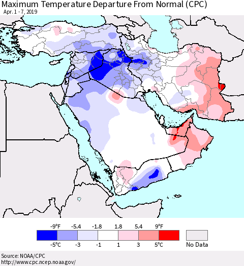 Middle East and Turkey Mean Maximum Temperature Departure from Normal (CPC) Thematic Map For 4/1/2019 - 4/7/2019
